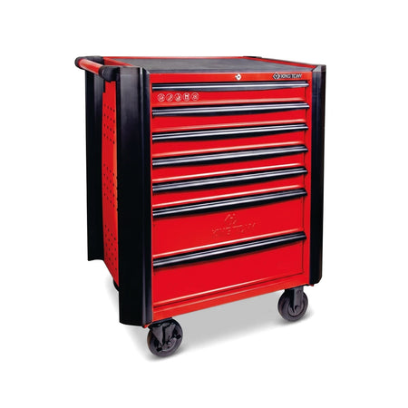 A red and black King Tony 7-Drawer Tool Trolley T77Bbs, shown from a three-quarter view, featuring multiple storage drawers