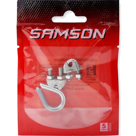 Two M3 wire rope clamps and one thimble are packaged in a transparent red Samson branded plastic bag. The hardware is silver.