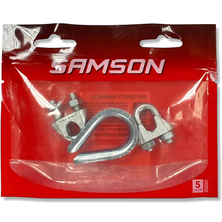 Kit-Wire Rope Clamp X2 and Thimble X1 M8 wire rope clamp set in silver metal, front view in package