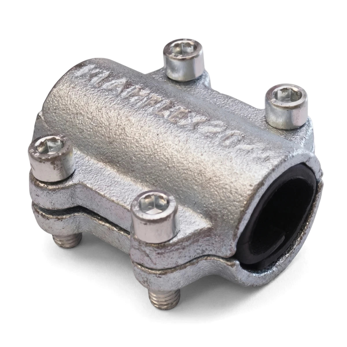 Klamflex galvanized repair clamp, 1 1/2 inch, with four hexagonal bolts for securing pipes, shown from an angled view.