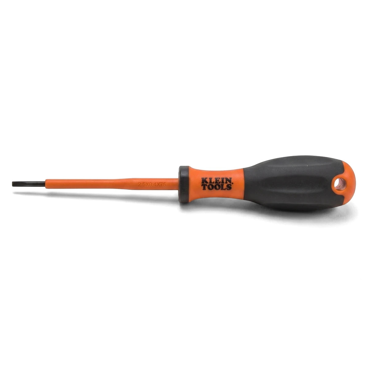 Klein Tools 2.5X0.4X75 insulated slotted screwdriver with orange shaft and black and orange handle