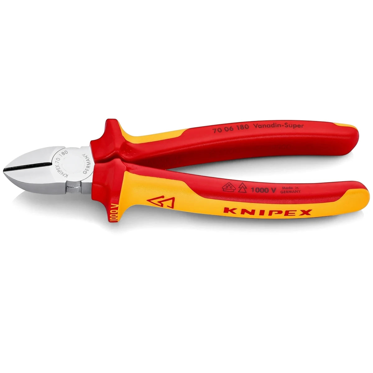 Knipex 160mm Vde Diagonal Cutter with red and yellow insulated handles and silver blades, shown from a horizontal angle.
