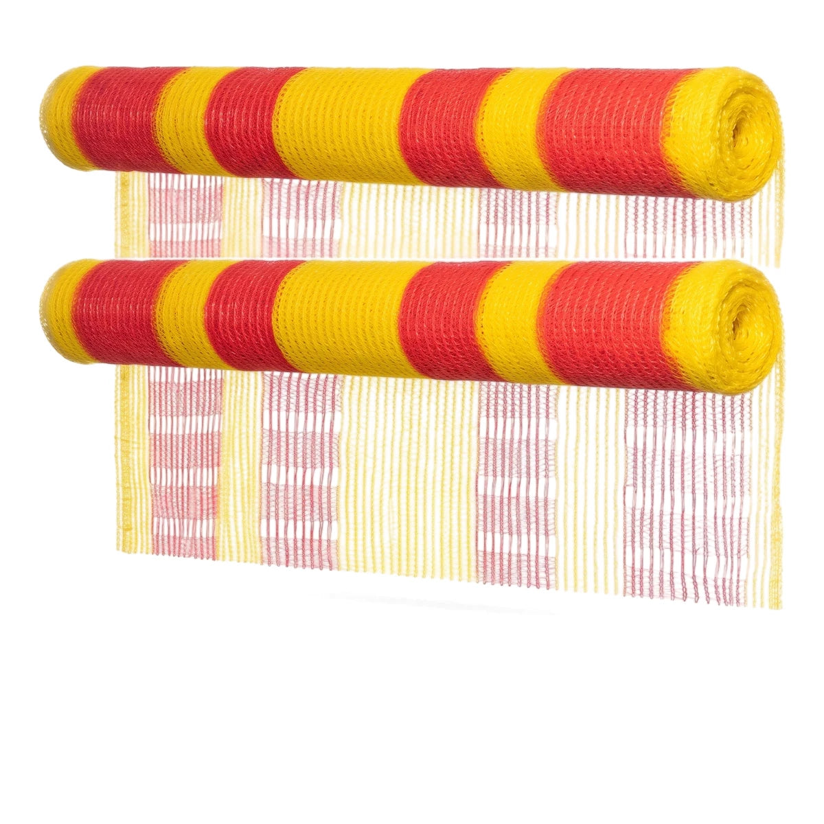 Red and yellow knitted safety barrier net, partially unrolled, showing a 1M x 50M roll for construction sites.