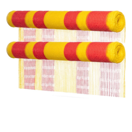 Red and yellow knitted safety barrier net, partially unrolled, showing a 1M x 50M roll for construction sites.