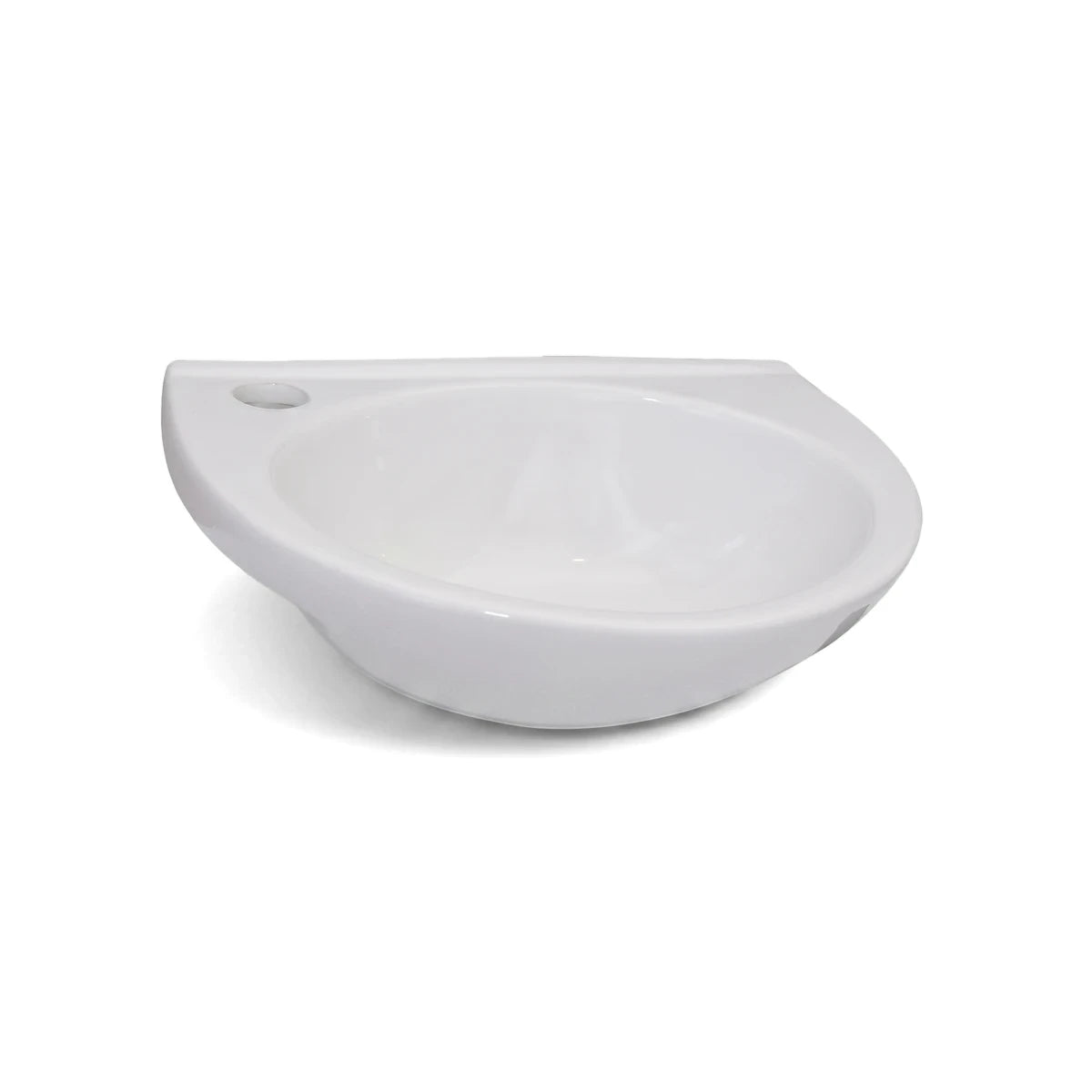 White ceramic Kores 2-Tap Hole Basin for bathrooms, featuring a modern half-moon design with a single tap hole.