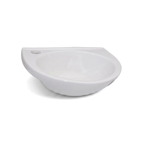 White ceramic Kores 2-Tap Hole Basin for bathrooms, featuring a modern half-moon design with a single tap hole.