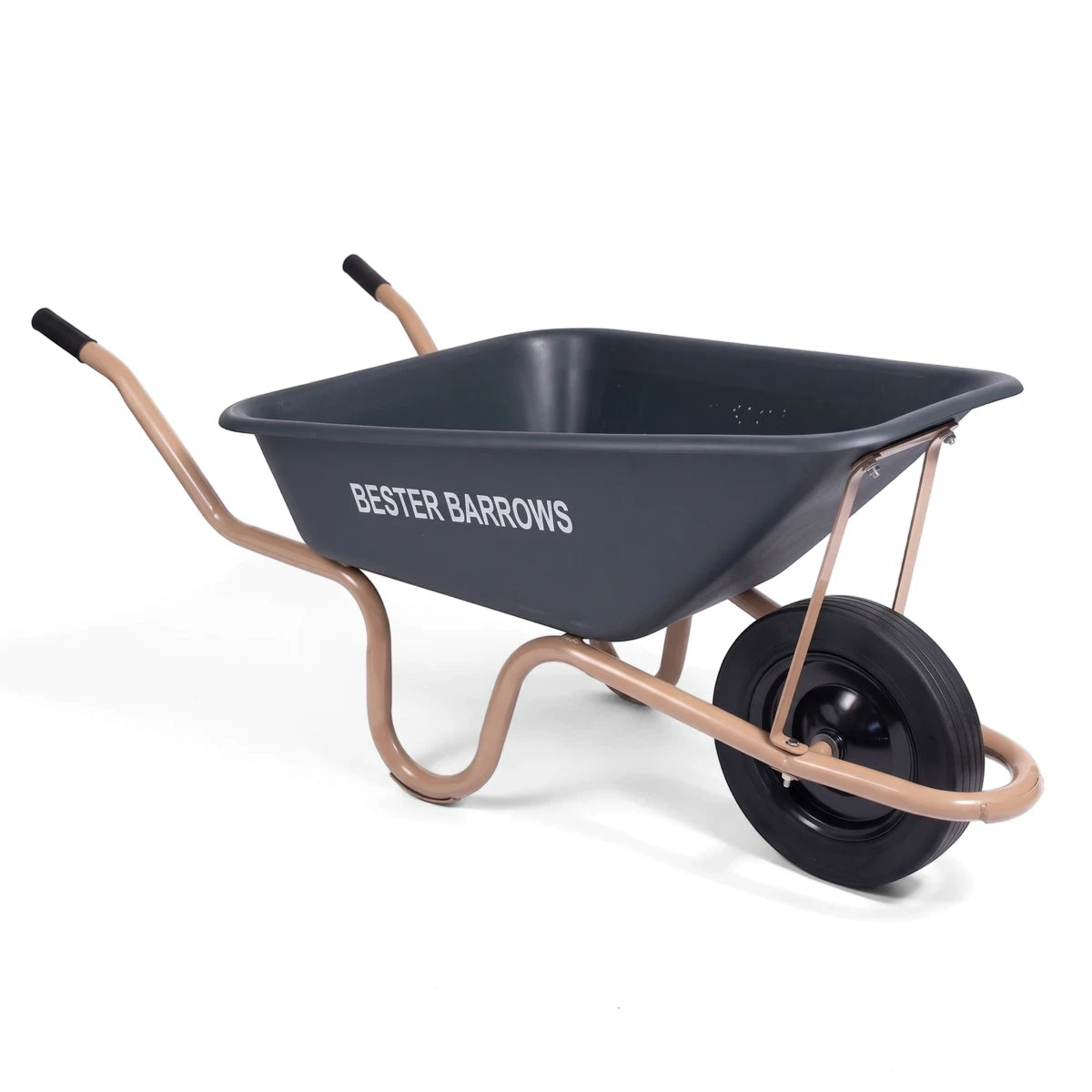 Krieba plastic wheelbarrow with a dark grey tub and beige metal frame, featuring a single black wheel on a white background.
