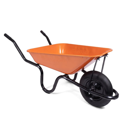 Orange Krieba Super Steel Sand Buster wheelbarrow with a black frame and tire on a white background, angled view.