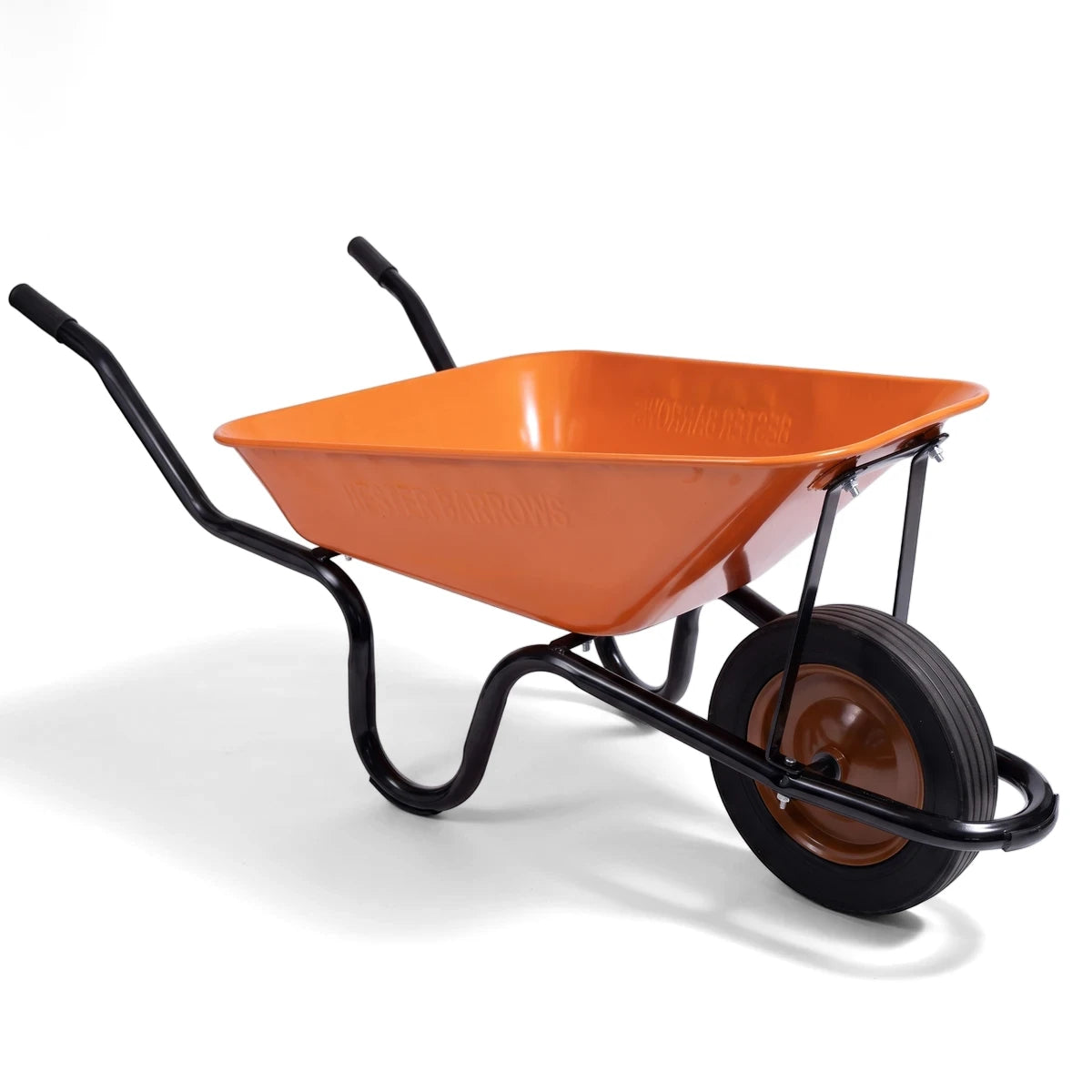 An orange Krieba Super Steel wheelbarrow with a black frame and black tire, viewed at an angle on a white background.