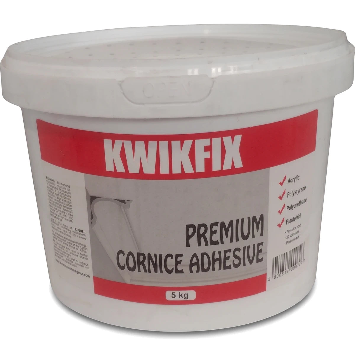 White Kwikfix Premium Cornice Adhesive 5 kg bucket with red label, showing the top and front side.