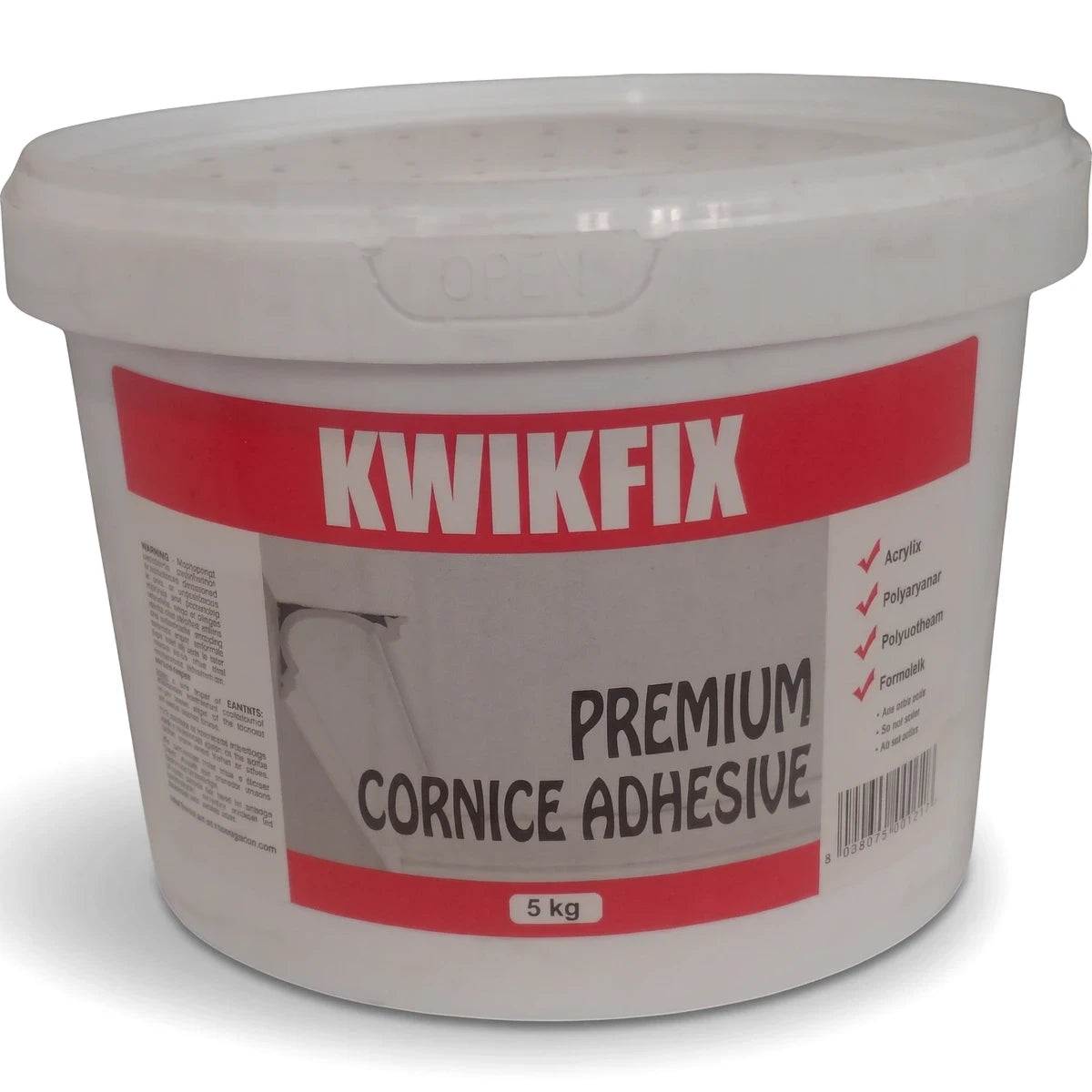 A white Kwikfix Premium Cornice Adhesive 5kg bucket with a red label, viewed from a slight angle.