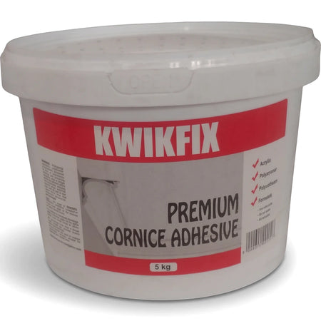 A white Kwikfix Premium Cornice Adhesive 5kg bucket with a red label, viewed from a slight angle.