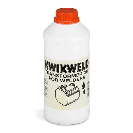 White plastic Kwikweld Transformer Oil 1L bottle with an orange cap, designed for welders, standing upright.