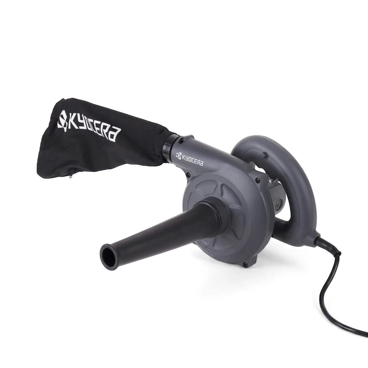 Kyocera 630W electric leaf blower with a gray body, black nozzle, and collection bag, shown from a side view.