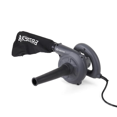 Kyocera 630W electric leaf blower with a gray body, black nozzle, and collection bag, shown from a side view.