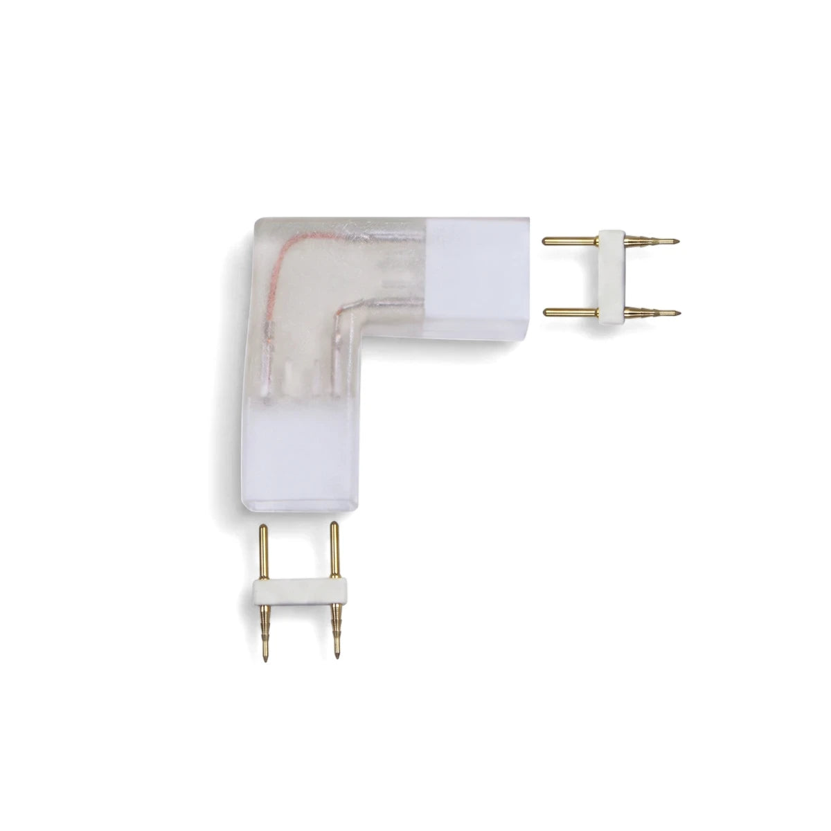 White translucent L-connector for LED strip lights with gold-tipped pins, used for joining light segments at a 90-degree