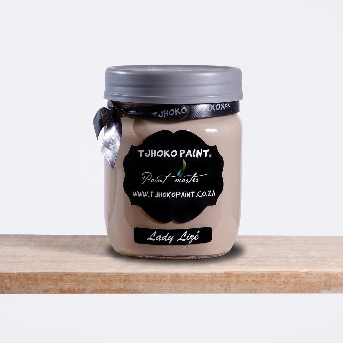 Lady Lize 500ml Tjhoko Paint chalk paint in a light beige shade, packaged in a clear glass jar with a grey lid, displayed on