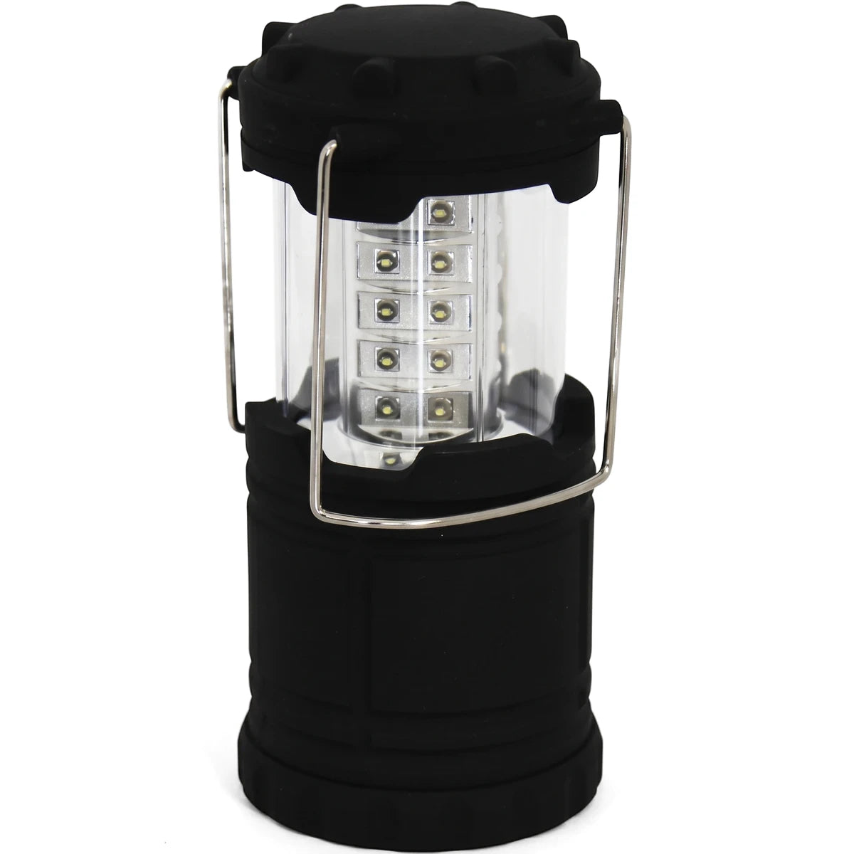 Black retractable LED lantern torch with a ridged top, 12 visible LEDs, and two silver metal carrying handles.