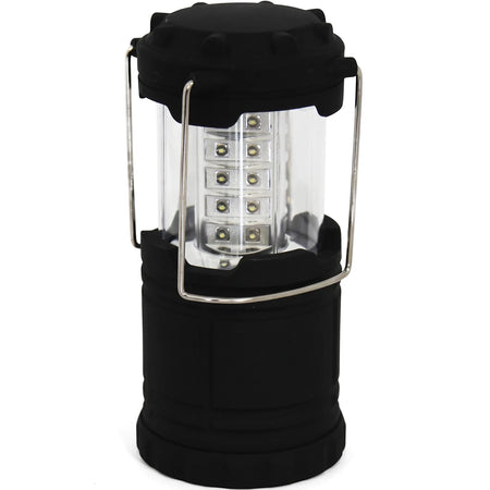 Black retractable LED lantern torch with a ridged top, 12 visible LEDs, and two silver metal carrying handles.