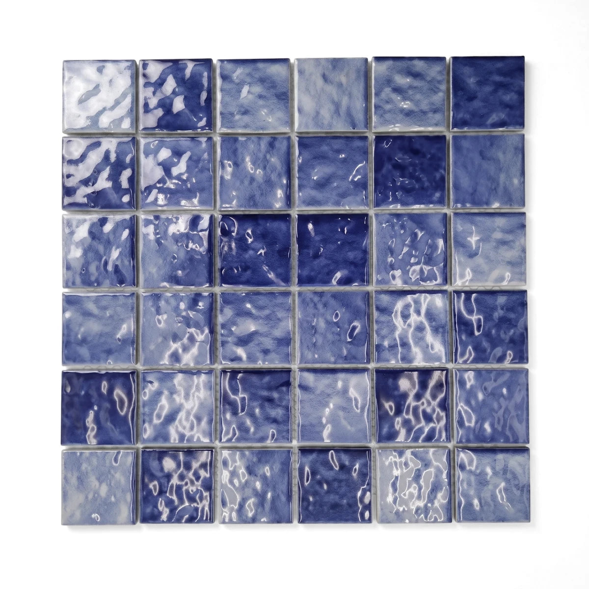 Lapis blue square mosaic tile, 48mm size, featuring a textured surface and varying shades of blue, designed for wall or