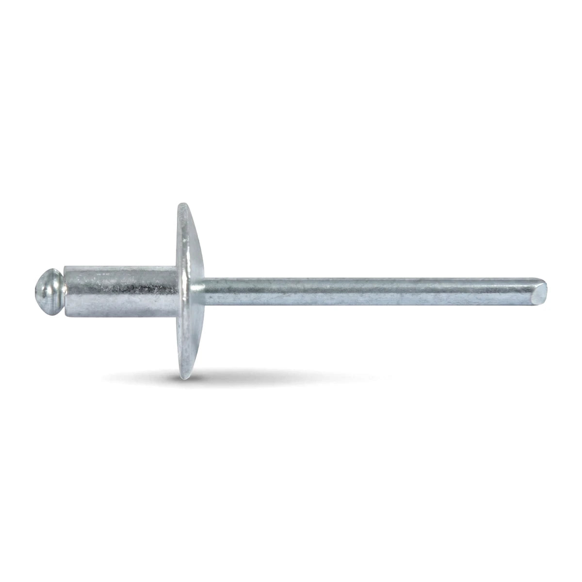 Silver large flange blind rivet, horizontally oriented on a white background, showcasing its head, wide flange, and