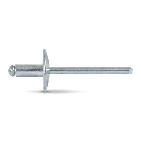 Silver large flange blind rivet, horizontally oriented on a white background, showcasing its head, wide flange, and