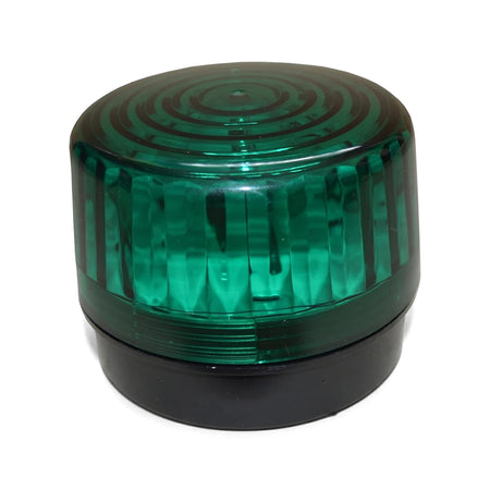 Large Green Security Strobe Light Sc-05E-Green with green ribbed dome lens and black base, front view.