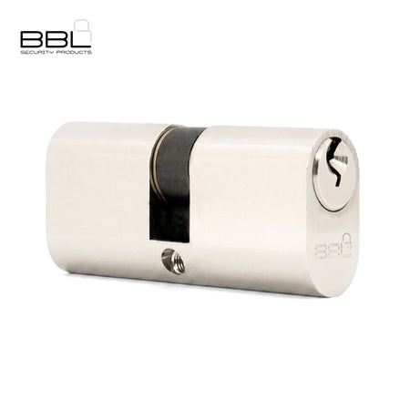 Large Oval Cylinder Lock in silver metal finish, side view showing keyway and central cam section for door hardware.
