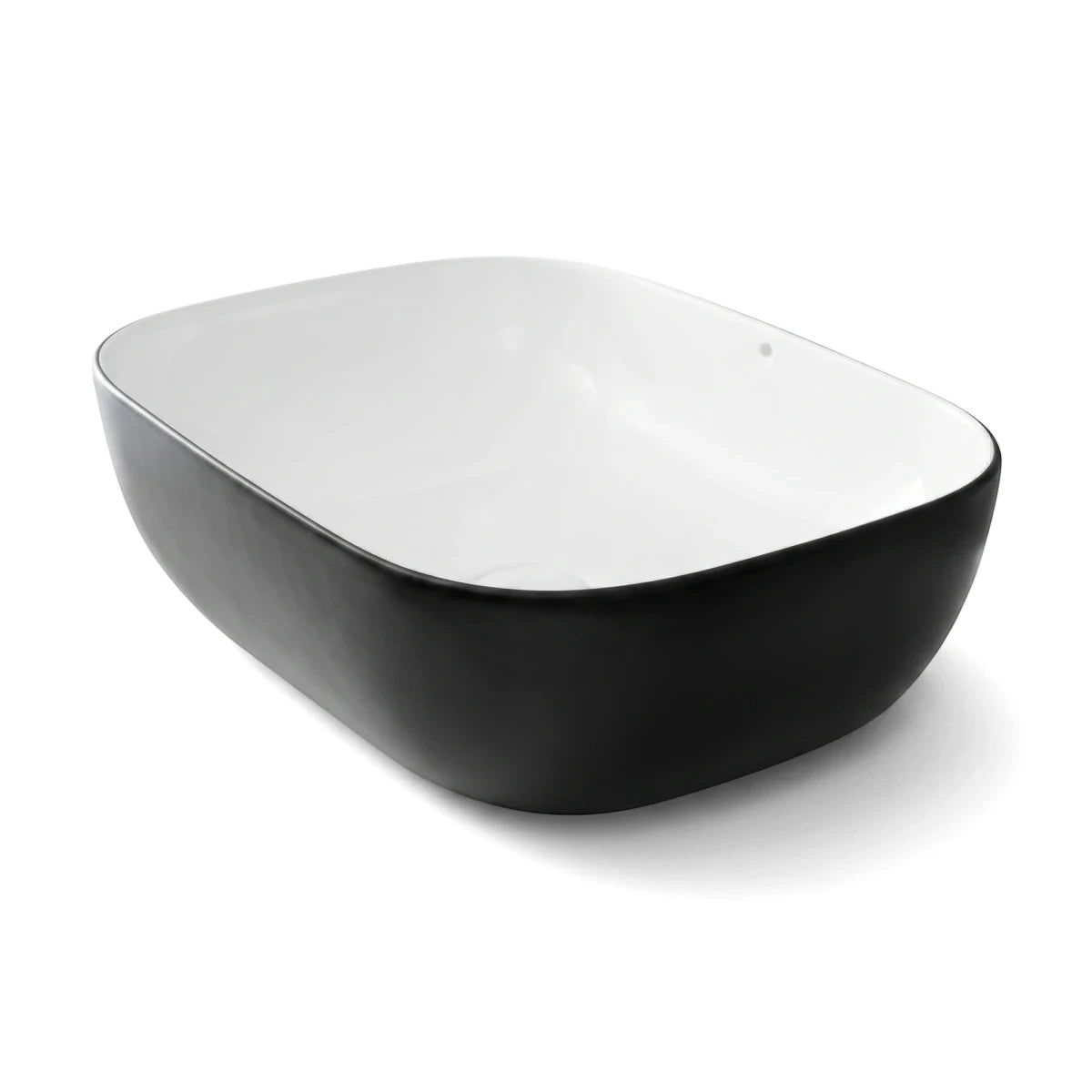 Modern Lark freestanding basin with a sleek black exterior and clean white rectangular interior, viewed from an angled