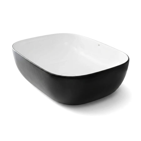 Modern Lark freestanding basin with a sleek black exterior and clean white rectangular interior, viewed from an angled
