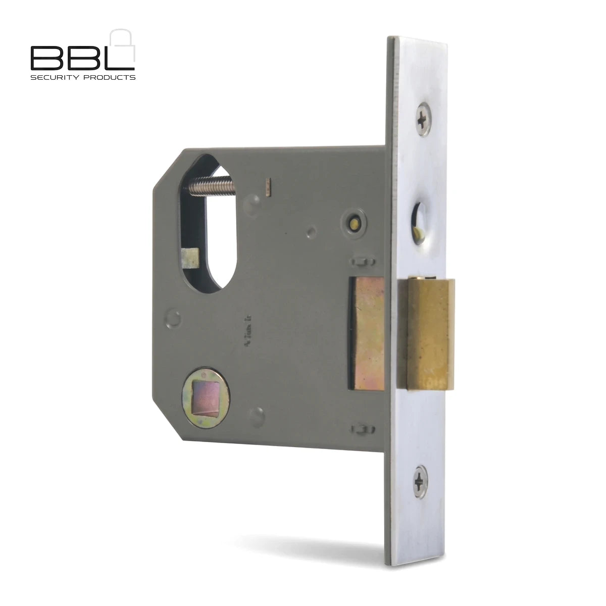 Right-hand latching lock with cylinder and deadbolt, 76mm, featuring silver and brass components, shown in a mechanical view.