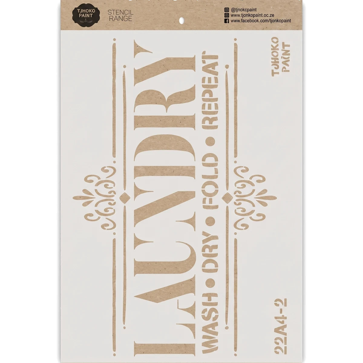 Laundry Loop paint stencil with 'LAUNDRY WASH DRY FOLD REPEAT' text and decorative flourishes in brown on a white sheet.