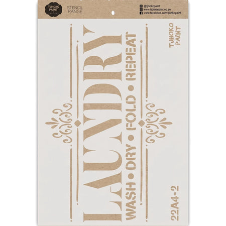 Laundry Loop paint stencil with 'LAUNDRY WASH DRY FOLD REPEAT' text and decorative flourishes in brown on a white sheet.