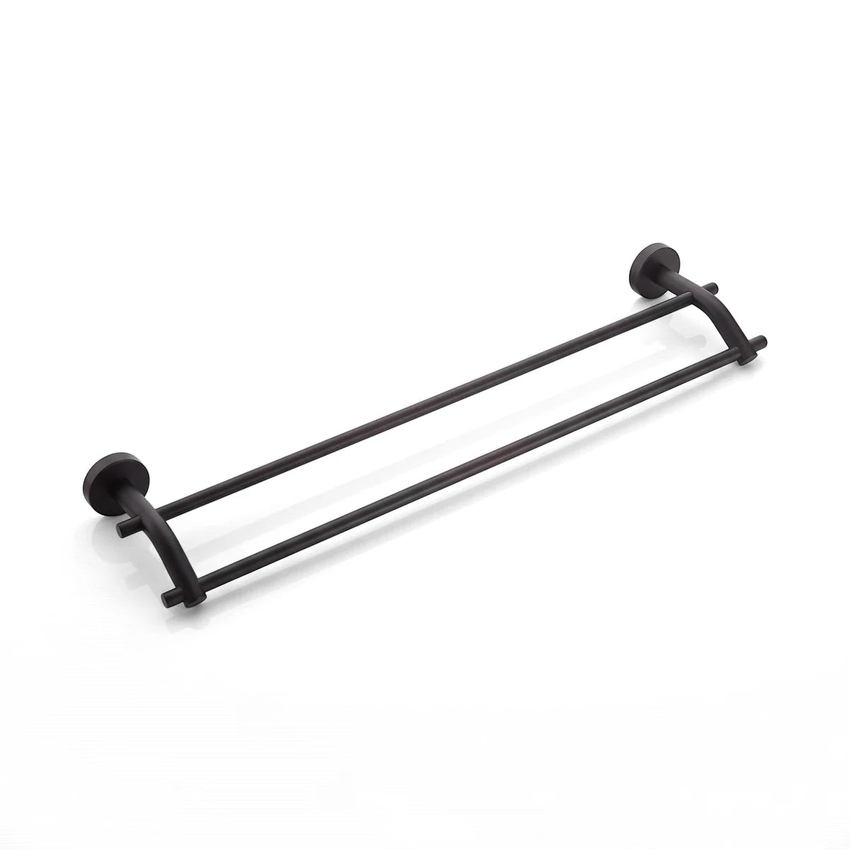 Black double towel rail, 600mm wide, in a modern design, mounted for bathroom use.