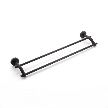 Black double towel rail, 600mm wide, in a modern design, mounted for bathroom use.