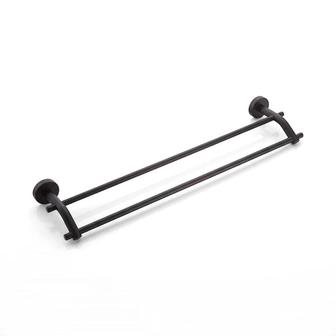 Black double towel rail, 600mm wide, in a modern design, mounted for bathroom use.