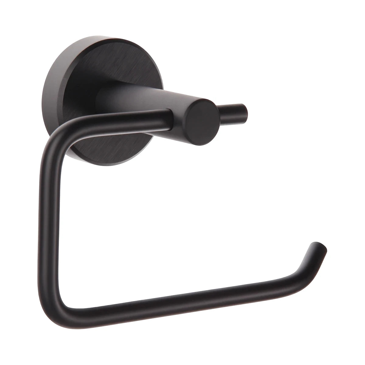 Black matte metal Lava Paper Holder, wall-mounted, seen from a front-side angle.