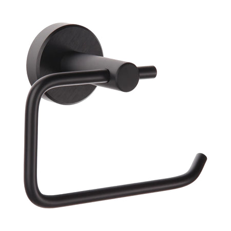 Black matte metal Lava Paper Holder, wall-mounted, seen from a front-side angle.