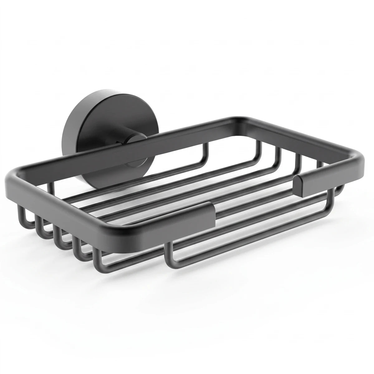 Black metal Lava Soap Basket with wire design, wall-mounted, for organized storage in bathrooms or showers.