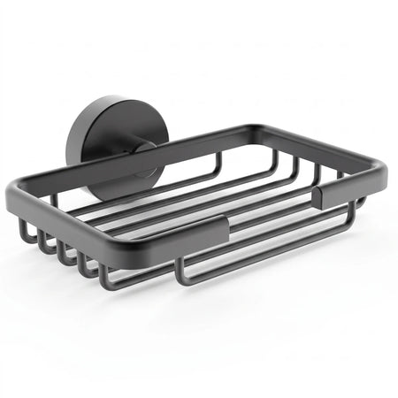 Black metal Lava Soap Basket with wire design, wall-mounted, for organized storage in bathrooms or showers.