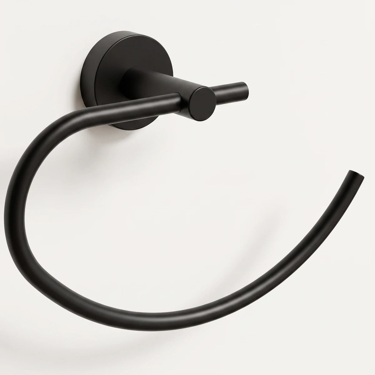 Matte black Lava towel ring with a minimalist round wall mount and curved open ring. Front view.
