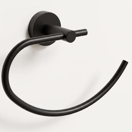 Matte black Lava towel ring with a minimalist round wall mount and curved open ring. Front view.