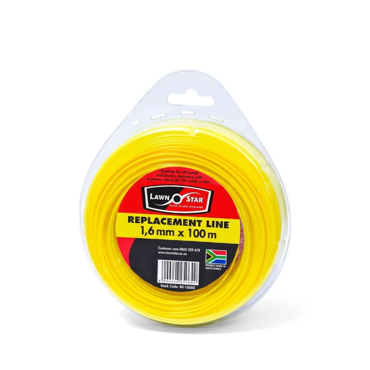 Lawn Star 1.6mm x 100m yellow replacement trimmer line donut in clear plastic packaging, angled view.