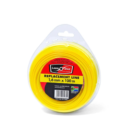 Lawn Star 1.6mm x 100m yellow replacement trimmer line donut in clear plastic packaging, angled view.