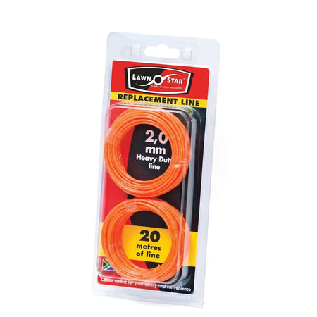 Lawn Star 2.0mm heavy-duty orange trimmer line double coil pre-pack, 20 meters, in clear plastic packaging.