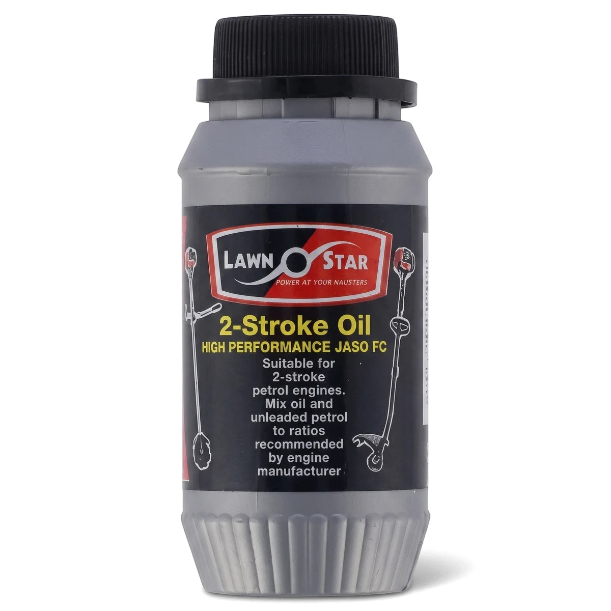 Lawn Star 2-Stroke Engine Oil in a grey 200ml bottle with a black cap, featuring a white label with branding and usage
