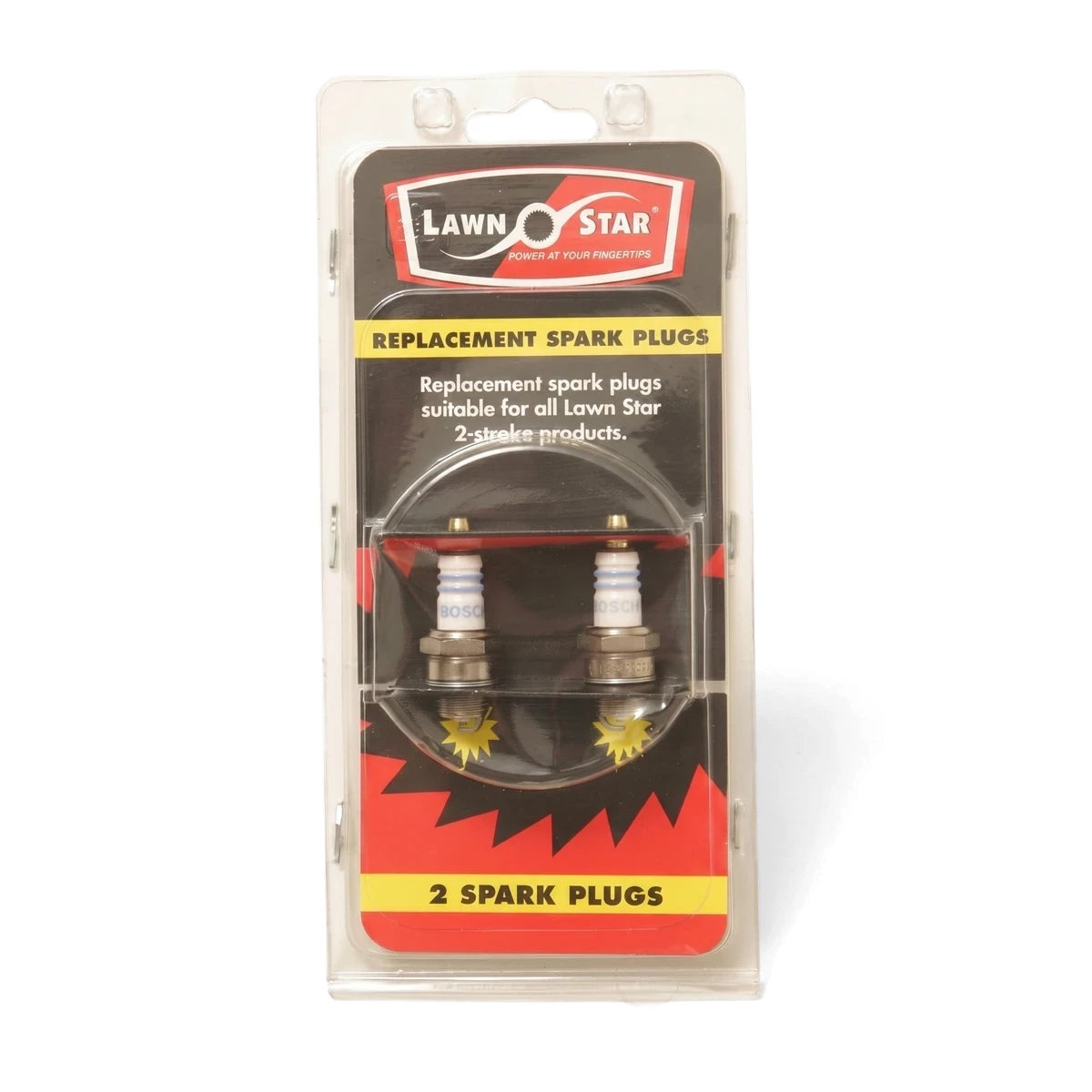 Lawn Star 2-Stroke Engine Spark Plug Replacement Pack, showing two spark plugs in clear blister packaging.