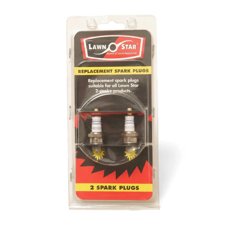 Lawn Star 2-Stroke Engine Spark Plug Replacement Pack, showing two spark plugs in clear blister packaging.