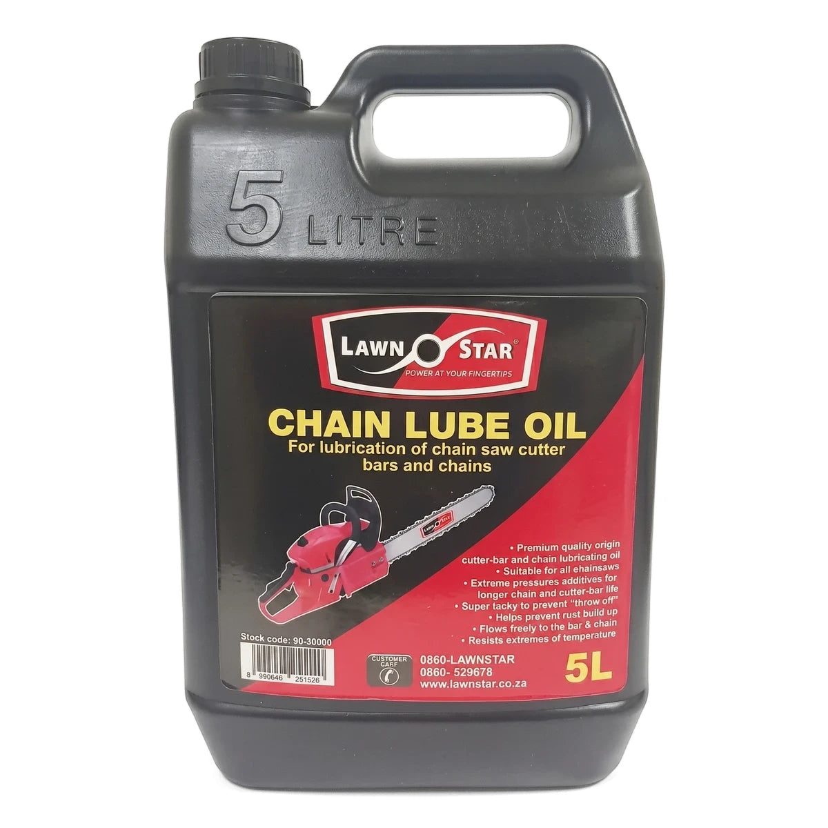 Lawn Star Chainsaw Chain Lube 5 litre black container with red and yellow label, full view, on a white background.