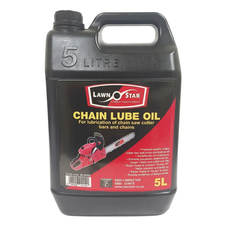 Lawn Star Chainsaw Chain Lube 5 litre black container with red and yellow label, full view, on a white background.